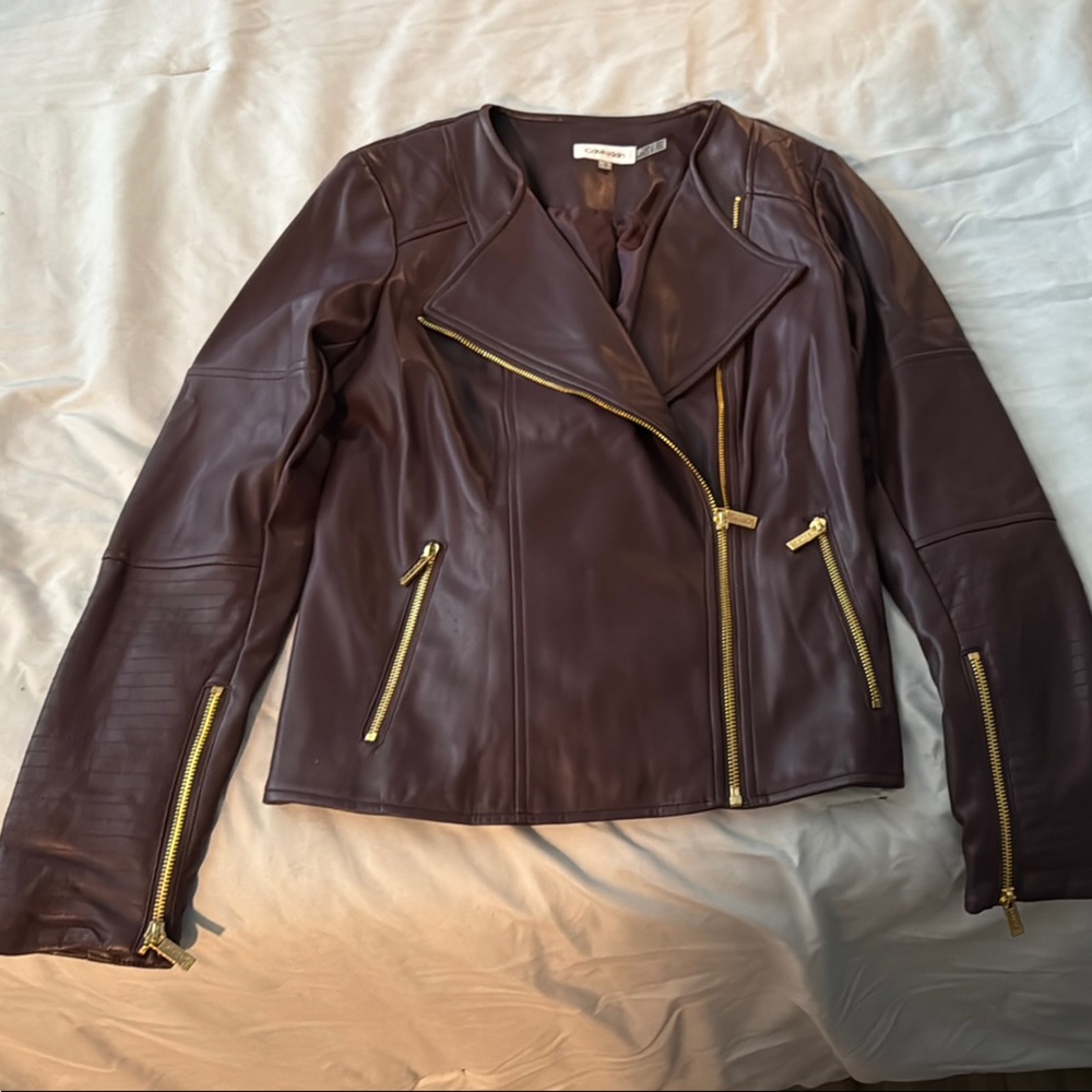 Calvin Klein Purple Leather Jacket with Gold Zippers